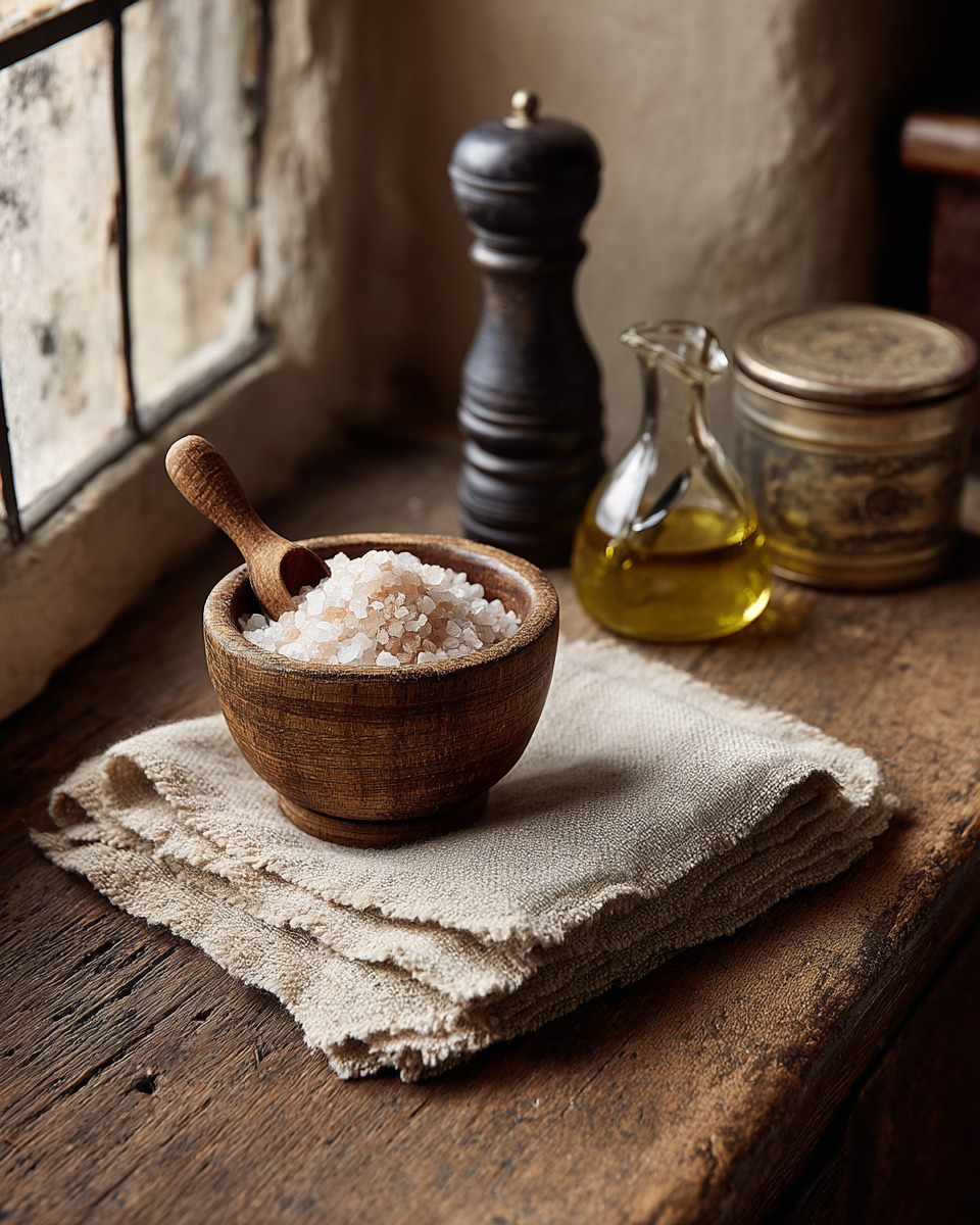 Salt cellar, pepper grinder, oil tin