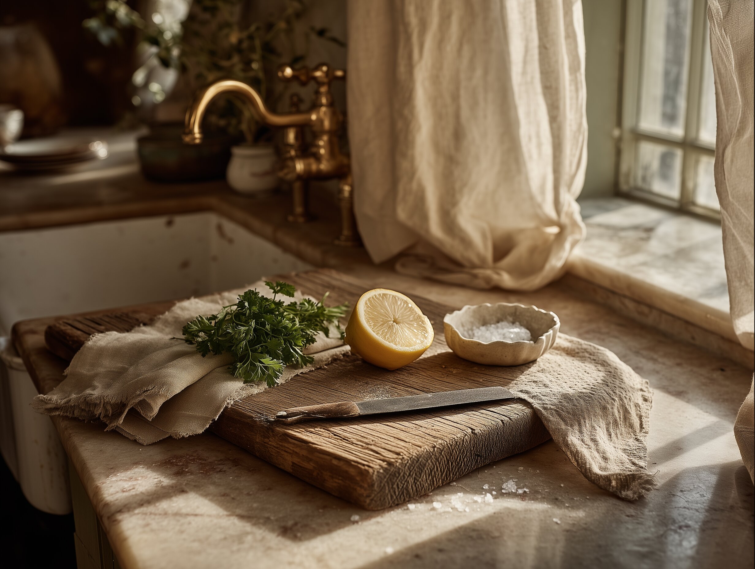 A wooden cutting board with fresh herbs, a knife, and a linen napkin in soft morning light.