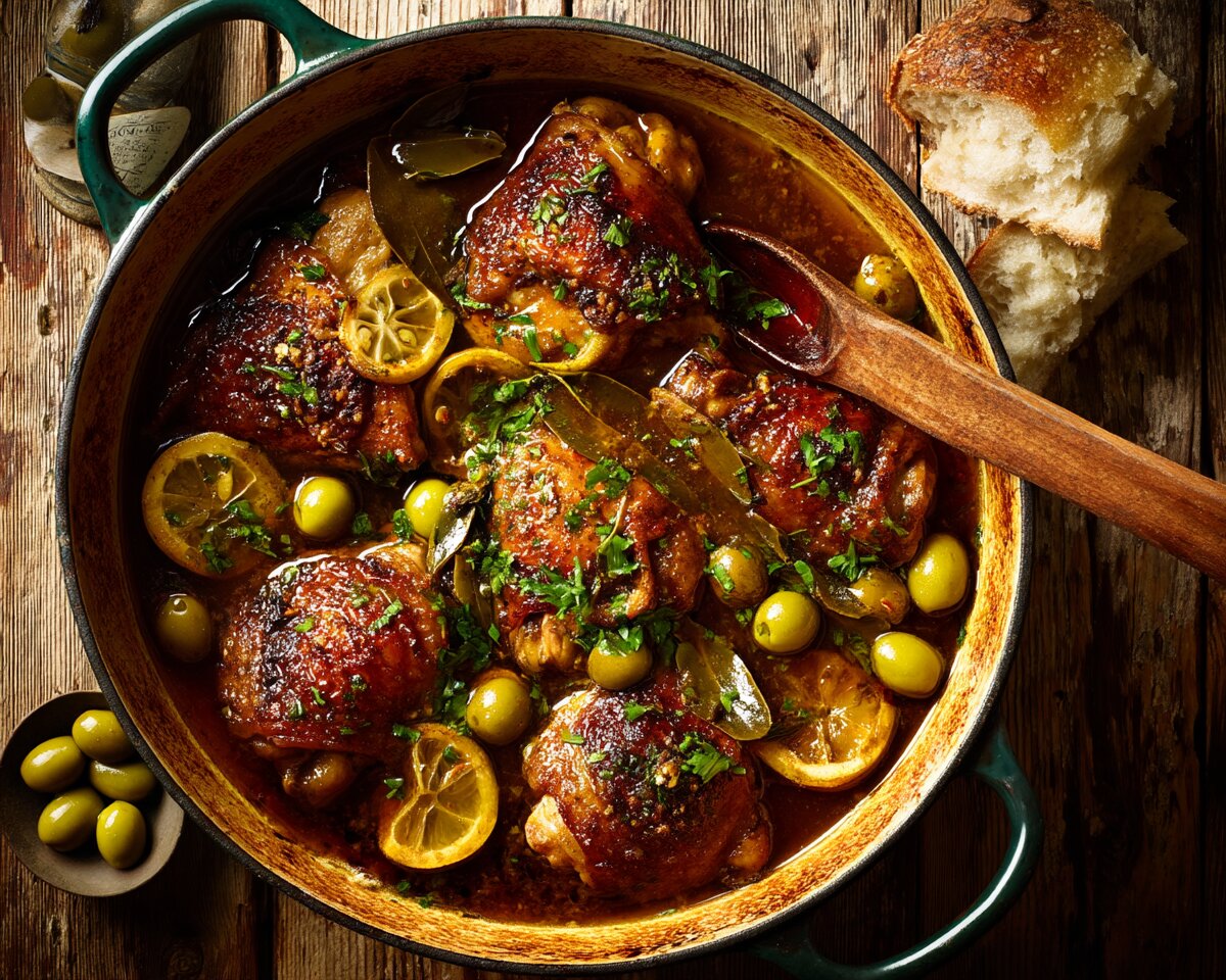 Braised Chicken with Preserved Lemon, Green Olives and Bay